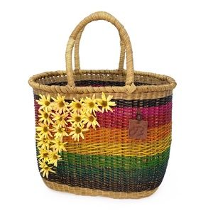 Handcrafted Rainbow Tote Bag | Esparto Raffia Palm | Waterfall of Satin Daisies